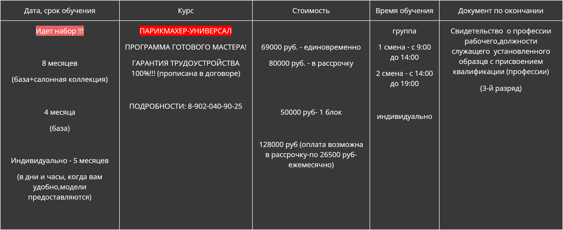 В 2023 году цены на парикмахерские курсы в Саратове разнятся. Например, это прайс Школы⁠-⁠студии Олега Федорова: на парикмахера-универсала можно обучиться за 50 000⁠—⁠69 000 ₽. Источник: elita⁠-⁠hair.ru