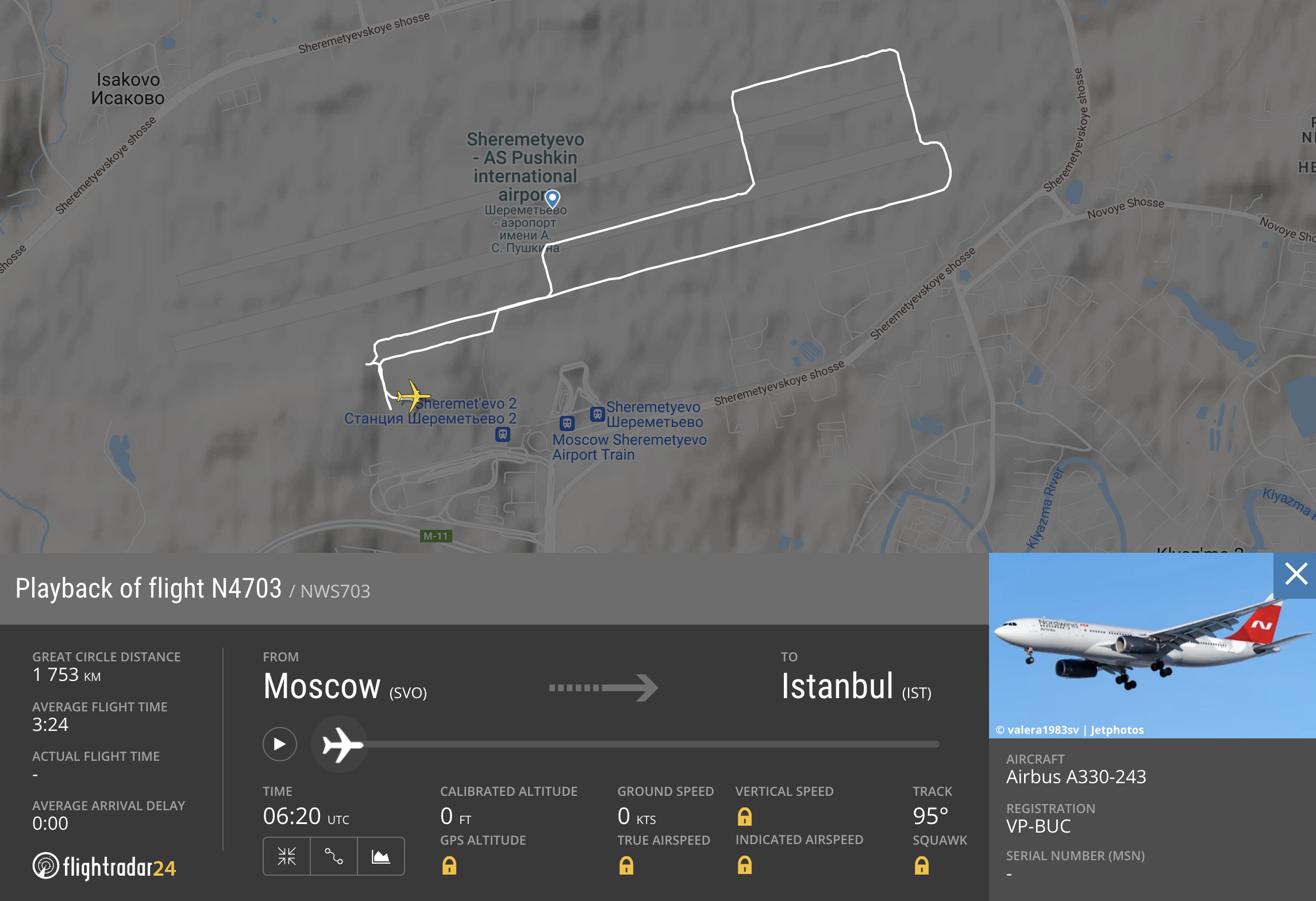 Движение самолета Nordwind Airlines по взлетной полосе. Источник: flightradar24.com