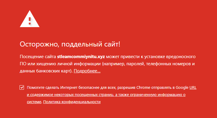 Браузер «Гугл-хром» предупредил, что на сайт лучше не заходить. Такое предупреждение появляется, только если на сайт подали много жалоб. Если мошенники создали подделку недавно, то браузер пропустит на сайт без предупреждений