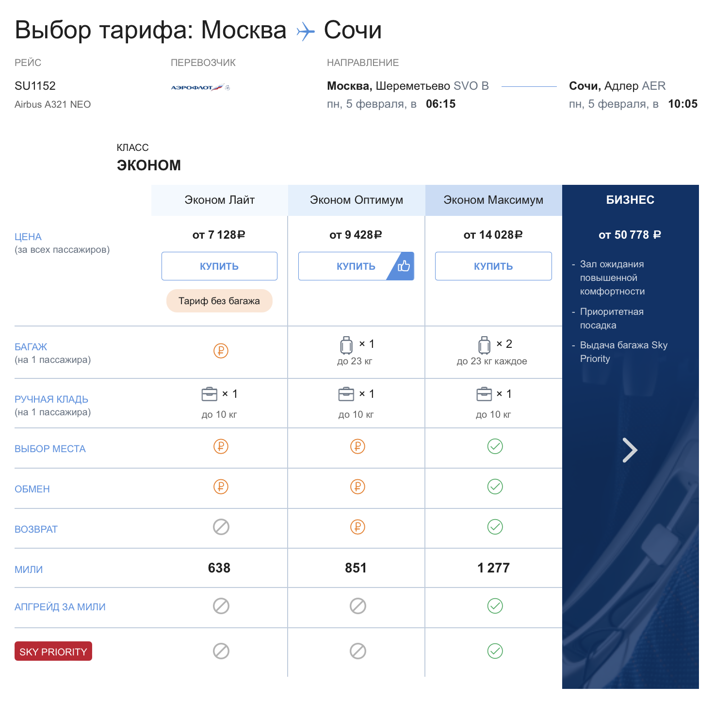 Тарифы на перелет из Москвы в Сочи «Аэрофлотом». «Эконом-лайт» вернуть нельзя, «Эконом-оптимум» возвращают со штрафом, «Эконом-максимум» — без сборов. Источник: aeroflot.ru