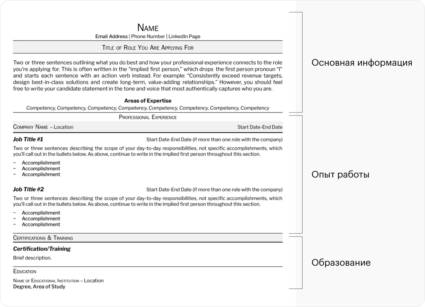 Хронологическое резюме. Включает общую информацию о кандидате и блоки с опытом работы и образованием