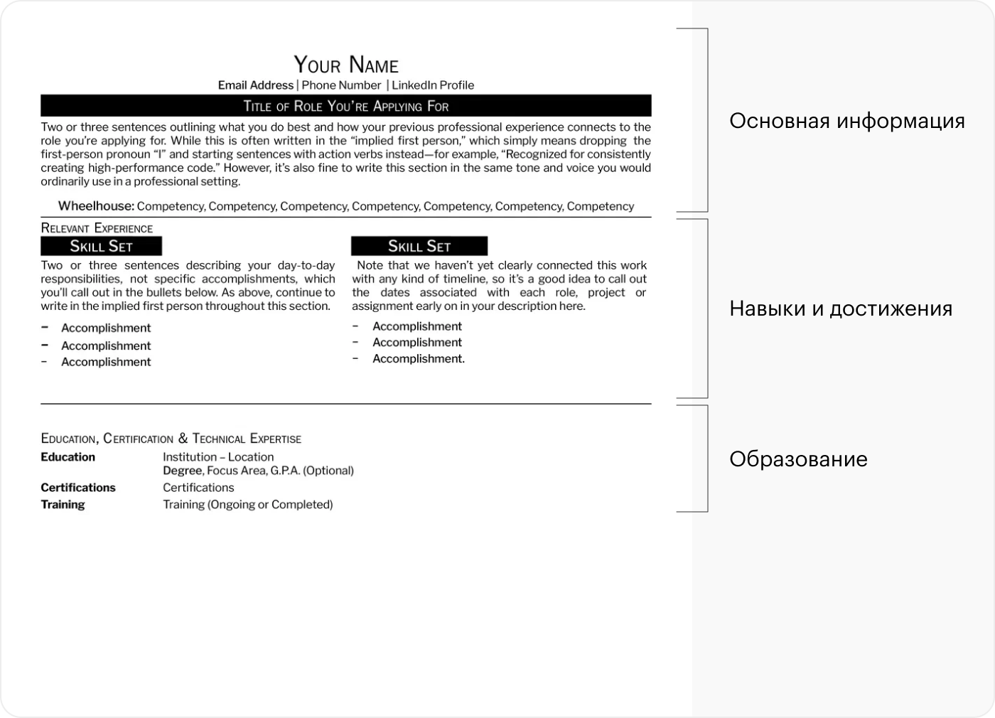 Функциональное резюме. Подразумевает перечисление навыков и достижений, а не мест работы