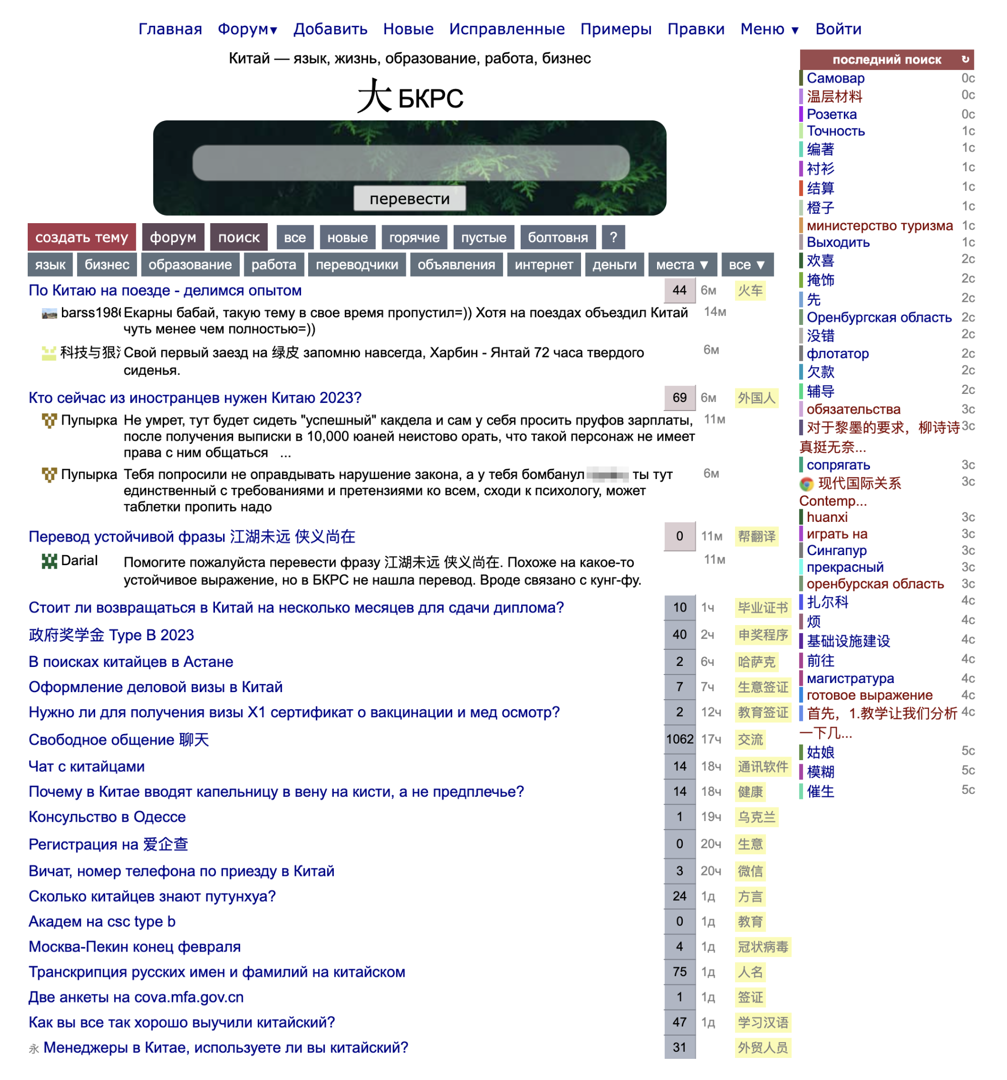 Главная страница сайта. В строку сверху можно ввести слово для перевода, а внизу показываются последние темы форума