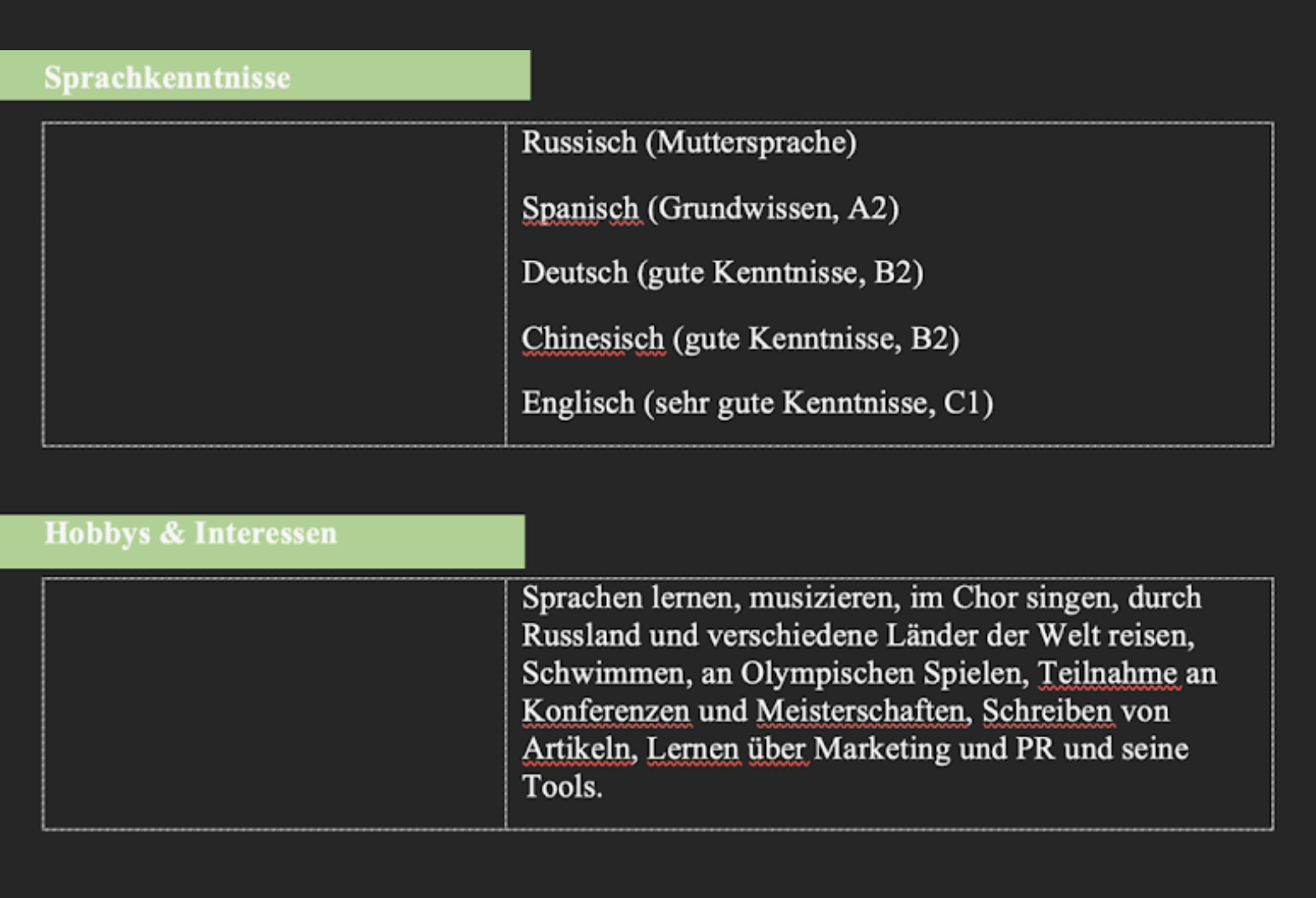 Фрагмент моей автобиографии на немецком, оформленной в виде таблицы