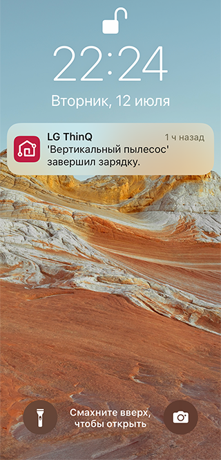 Пылесосы LG подключаются к приложению умного дома по вайфаю. Оно присылает уведомление об окончании зарядки и показывает статистику использования