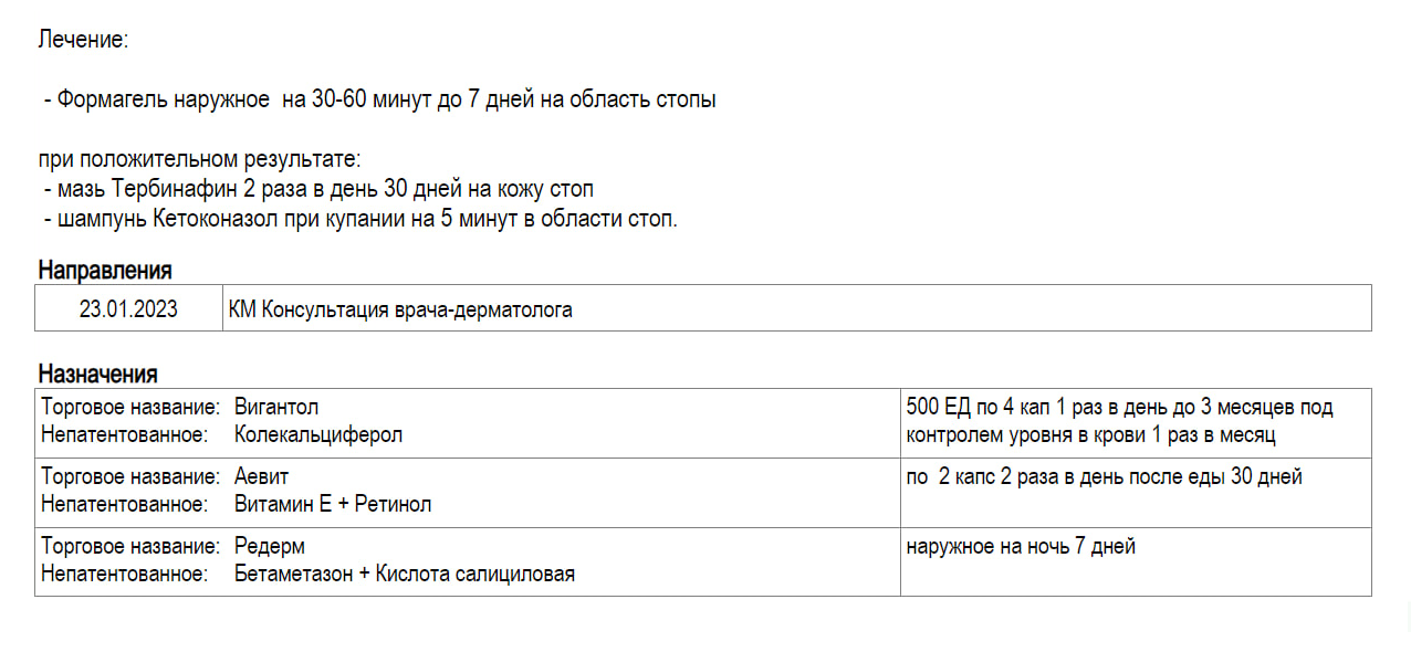 Лечение, которое мне назначили от шелушения на ступнях и пальцах рук