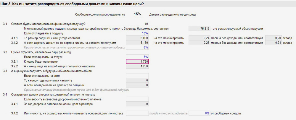 Остатки распределяются в процентных долях. При этом сразу видно, сколько нужно откладывать, чтобы собрать определенную сумму к дедлайну