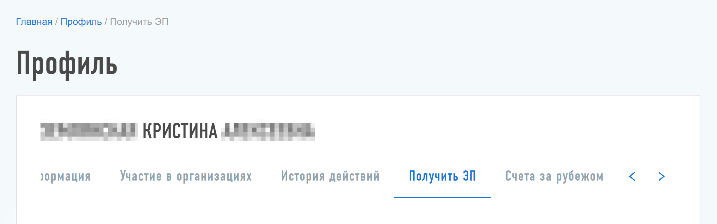 Чтобы создать электронную подпись, в профиле нужно выбрать вкладку «Получить ЭП»