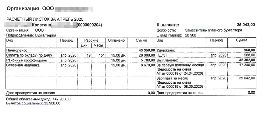 Расчетный листок за апрель