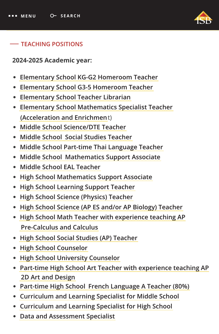 Так обычно выглядит список вакансий на сайтах школ. Источник: isb.ac.th