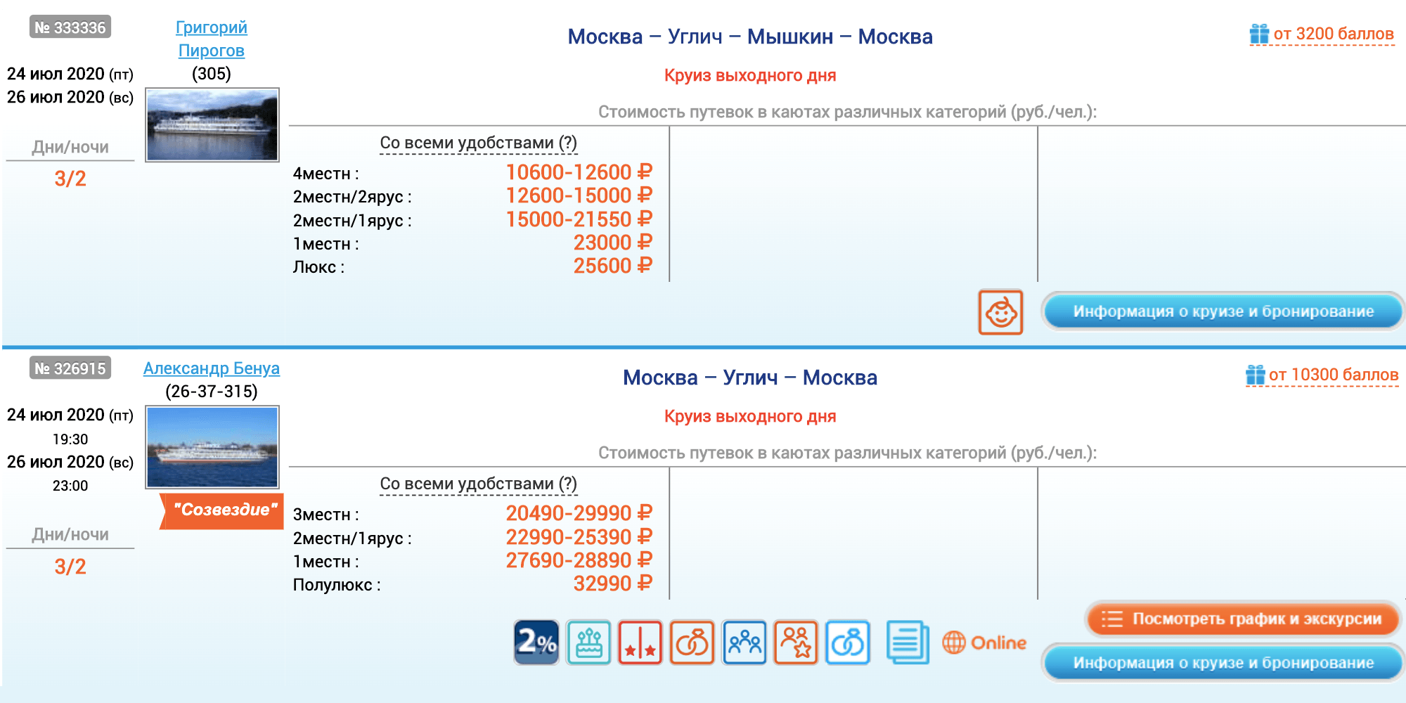 Круиз на теплоходе экономкласса в полтора⁠-⁠два раза дешевле, чем на премиум-теплоходе. Хотя в маршруте первого круиза на одну остановку больше