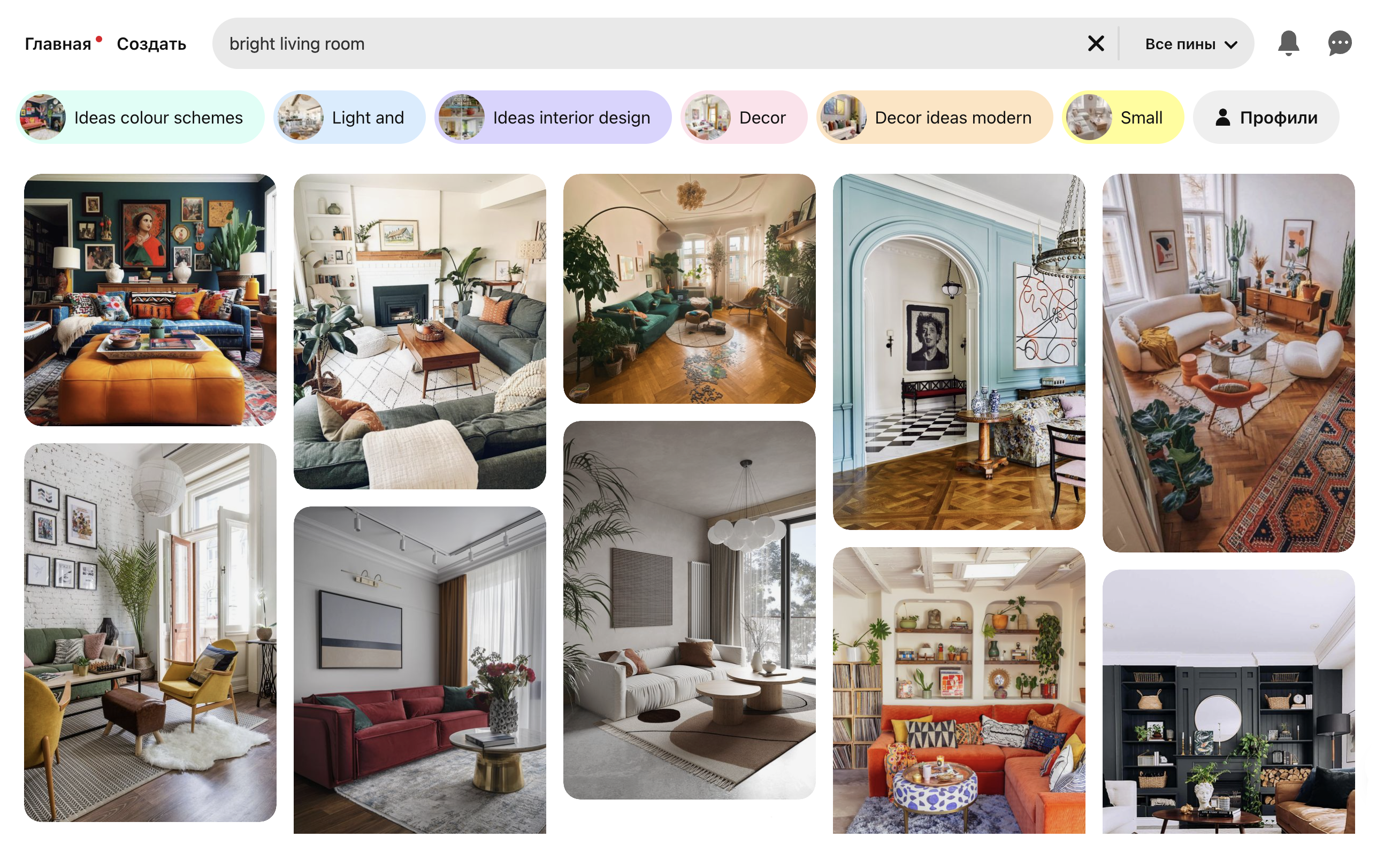 Например, мы хотим сделать яркую гостиную. Ищем bright living room, листаем и выбираем подходящие варианты. Источник: pinterest.com.au