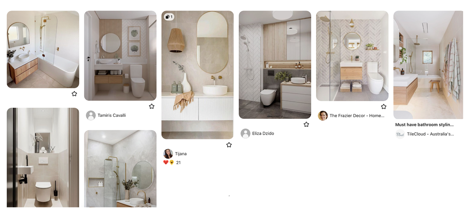 Пример подборок для квартиры, где все одинаковое: мы отталкиваемся от одних и тех же оттенков во всех помещениях, чтобы избавиться от визуального шума. Здесь это теплый белый и теплый оттенок дерева. Это подборка ванных комнат в светлых тонах. Источник: pinterest.com.au
