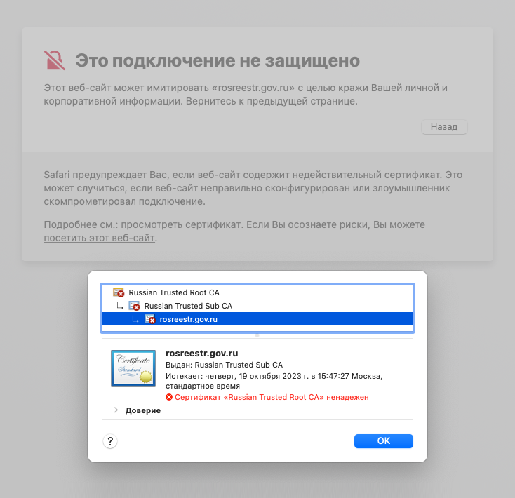 Предупреждение Safari о сайте Росреестра