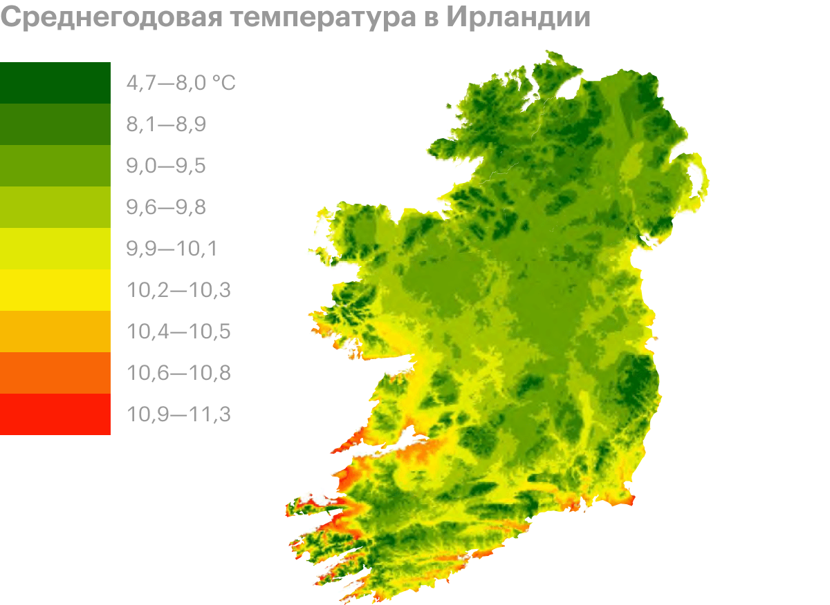 Карта среднегодовой температуры в Ирландии. Источник: researchegate.net