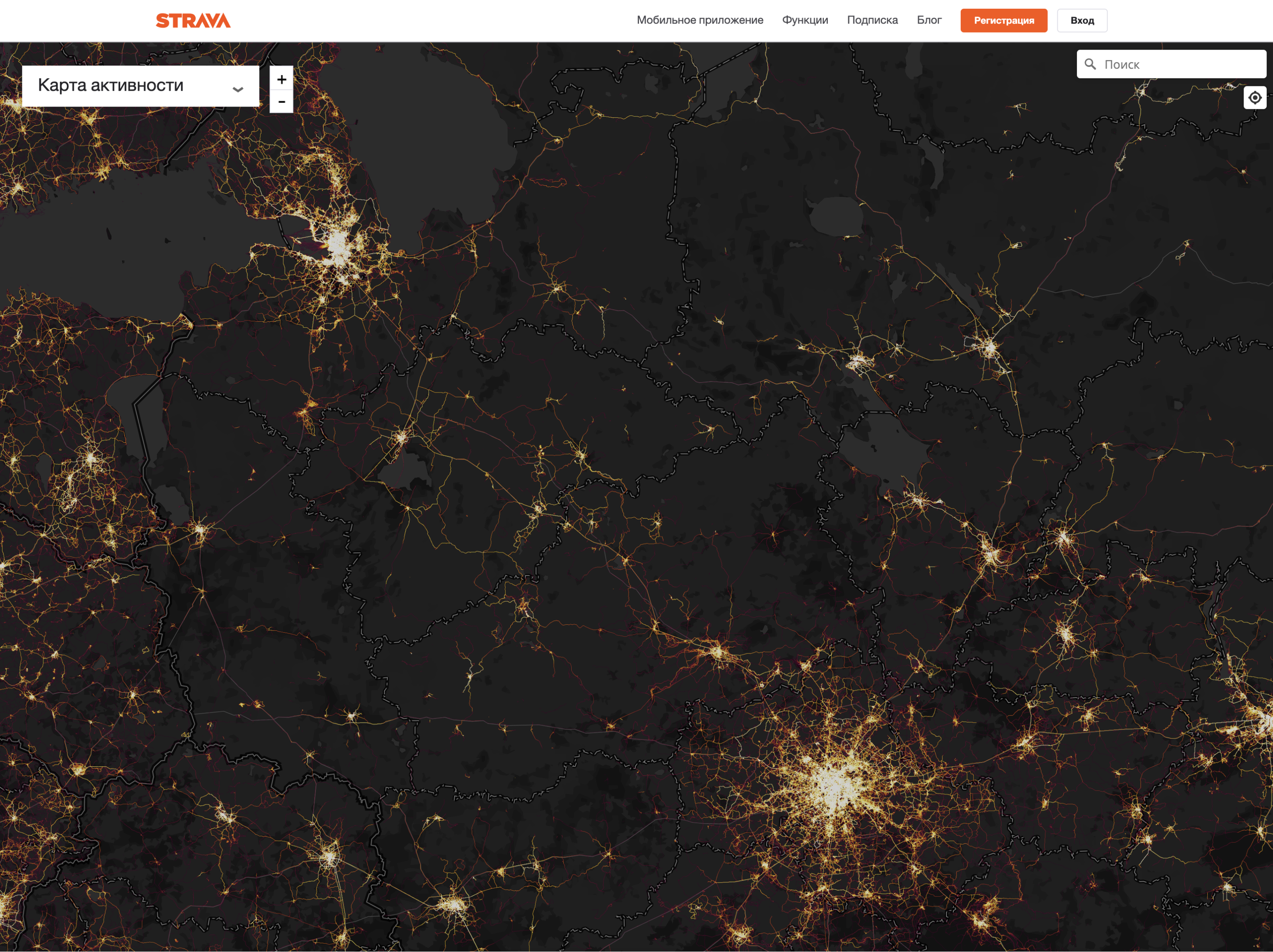 Карта активности велосипедистов между Санкт-Петербургом и Москвой. Источник: strava.com