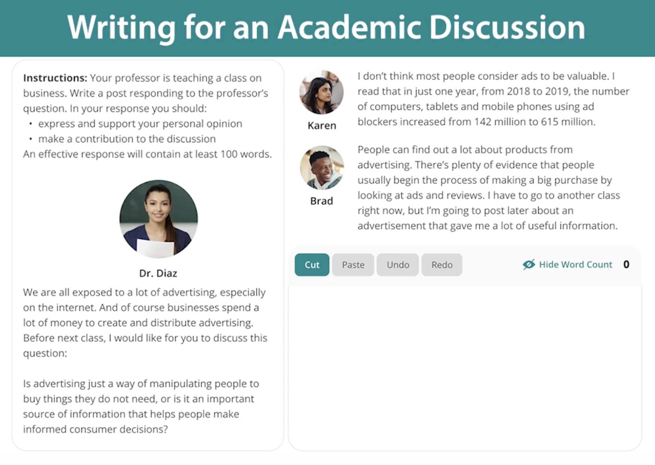 Пример задания Writing for an Academic Discussion. На скриншоте — дискуссия о рекламе, испытуемому предстоит высказать свое мнение. Источник: ets.org