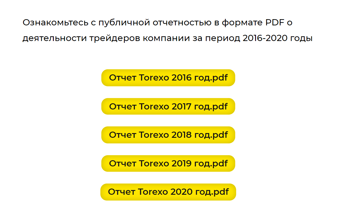 На одном из своих сайтов «Торексо» предлагает ознакомиться с публичной отчетностью с 2016 по 2020 год