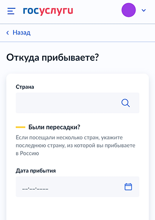 Фрагмент анкеты, которую заполняют на госуслугах до въезда в Россию. В ней кроме паспортных сведений и данных о месте проживания отмечают страну прибытия, наличие пересадок и дату въезда