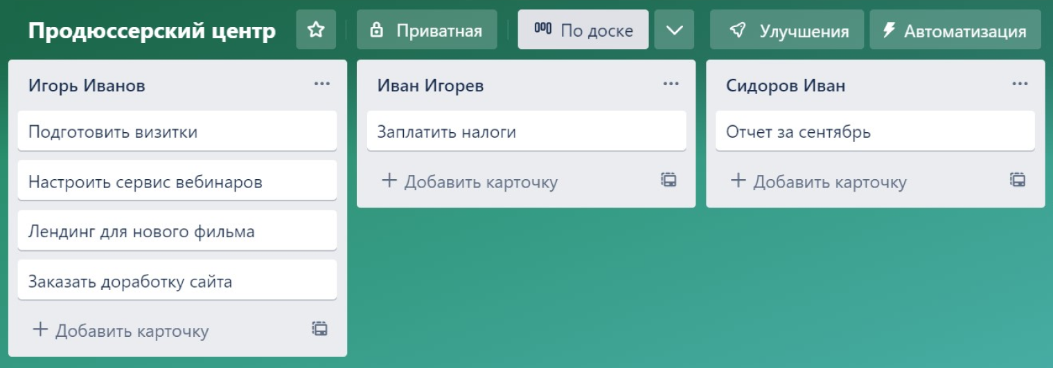 Еще одна механика — сделать доску с колонками для каждого сотрудника. Тогда наглядно видно, у кого находится задача, кому можно задать вопрос о ней