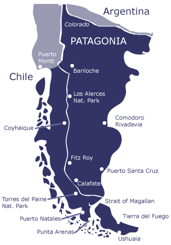 Карта Патагонии, аргентинская и чилийская стороны. На аргентинской стороне отмечены ключевые точки из статьи: Ушуайя, Эль-Калафате, Сан-Карлос-де-Барилоче, Сан-Мартин-де-лос-Андес