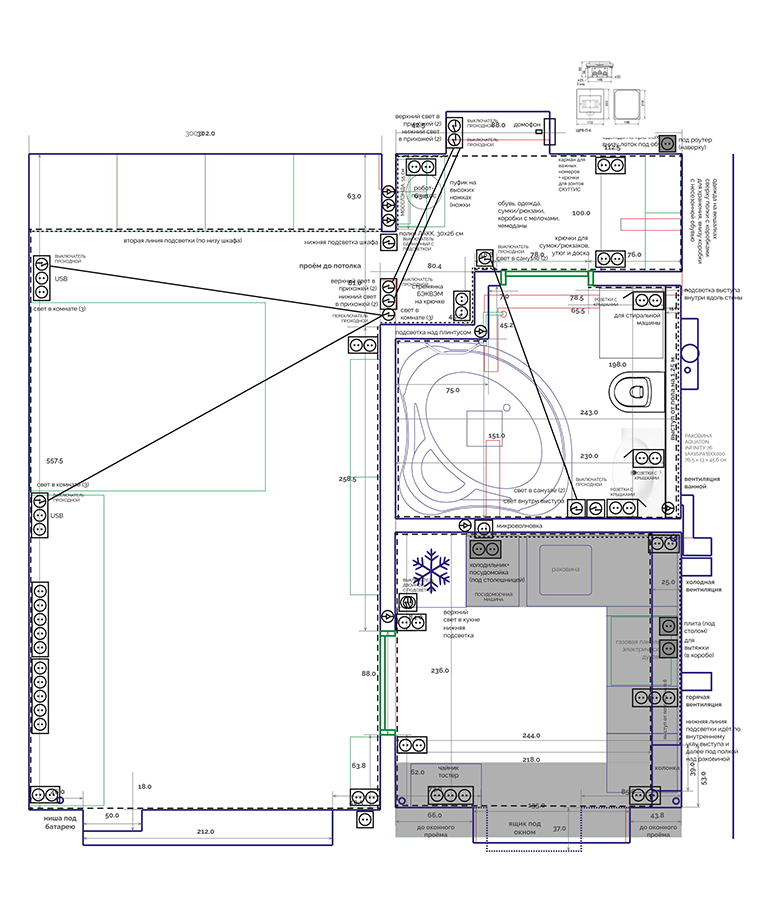 Послойная рабочая схема с размерами, электрикой, сантехникой и мебелью. Я сделала их в Adobe Illustrator