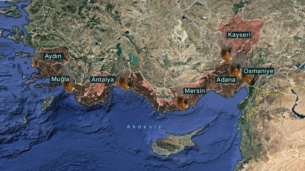 Карта распространения пожаров на территории Турции на 29 июля. Источник: NTV