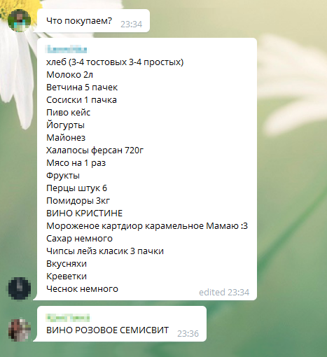 Все покупки обсуждали в чате. Так выглядел список покупок за день до отъезда