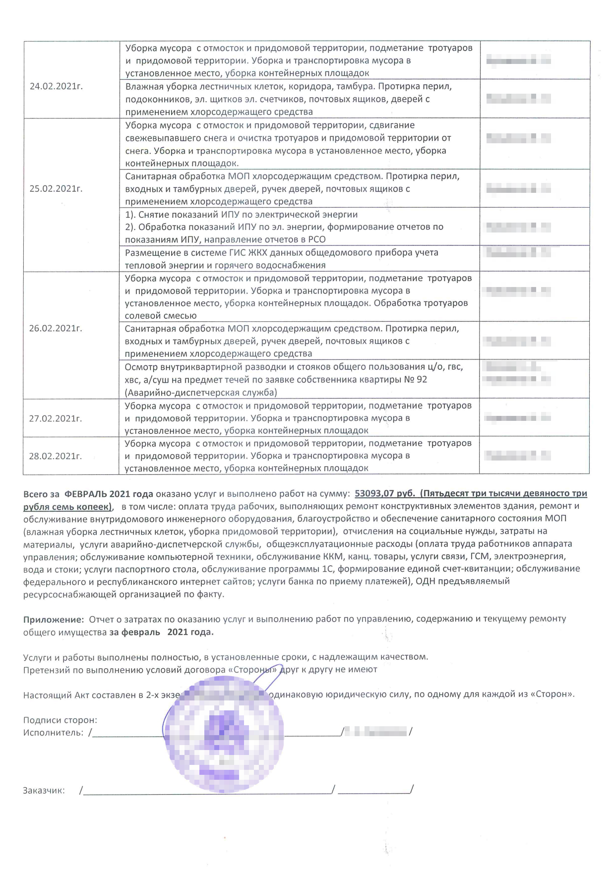 Так выглядит акт выполненных работ, который составляет управляющая компания. Моей подписи в акте нет, и вообще мне его никто не показывал. Мою УК это не смутило, а зря: теперь я могу этот акт оспорить