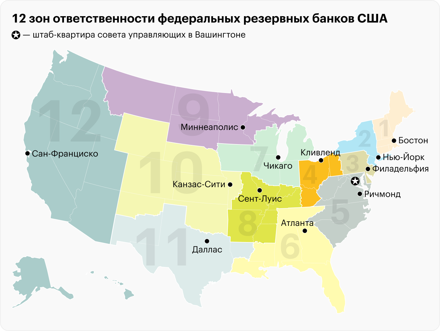 Каждый ФРБ работает в своей регионально-экономической агломерации. Источник: federalreserve.gov