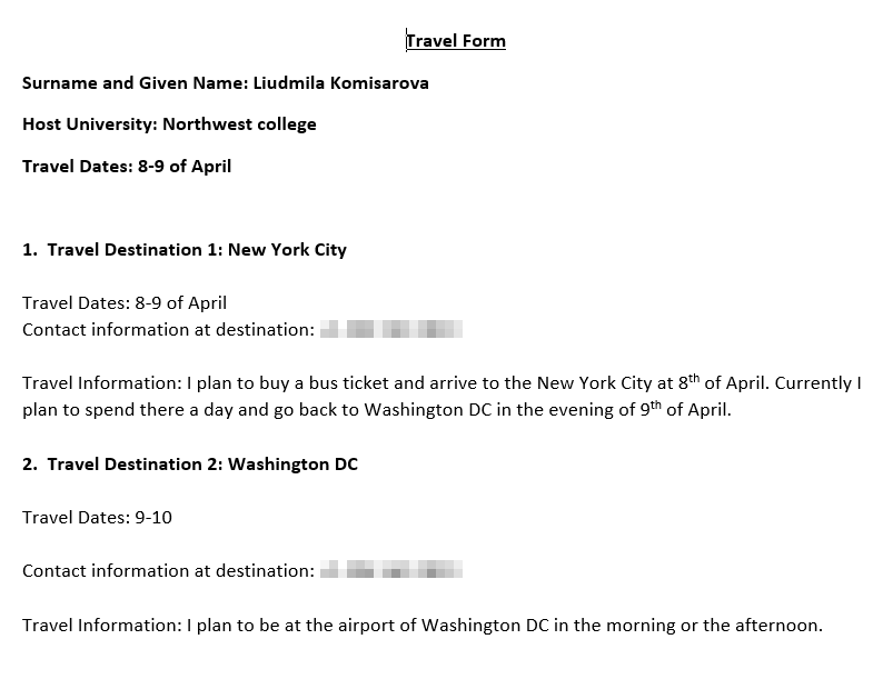 Пример формы для путешествий на второй семестр, в первом была такая же — здесь я поехала в Нью-Йорк