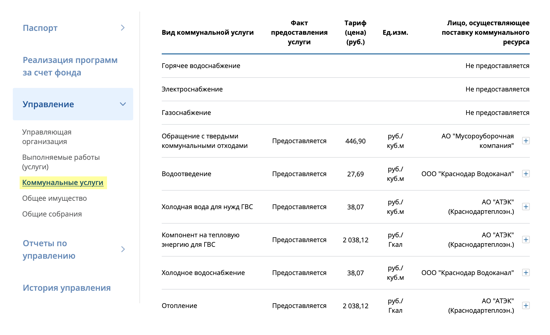 Выберите в выпадающем списке «Коммунальные услуги». Теперь вы видите названия всех коммунальных организаций