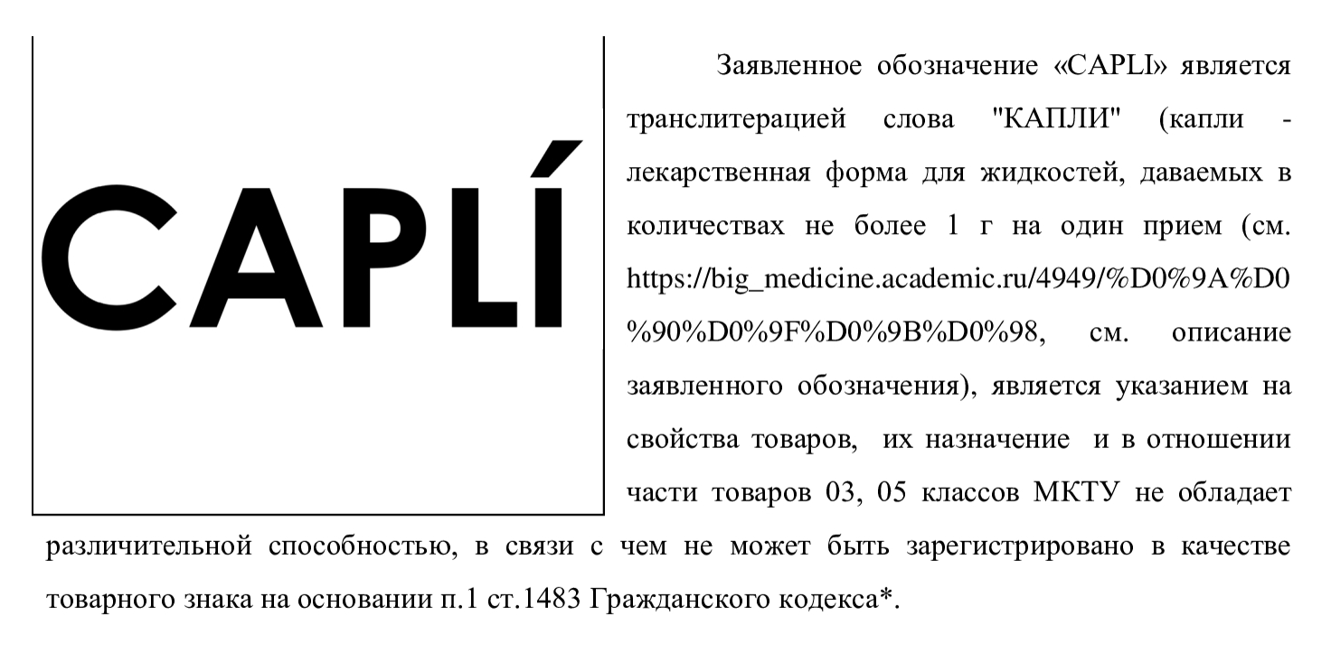 Фрагмент из уведомления Роспатента по знаку Capli