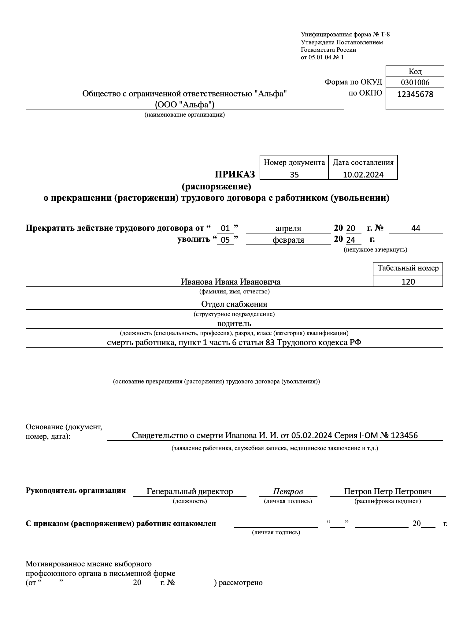 Поле для подписи работника будет пустым: его родственники в приказе об увольнении расписываться не должны