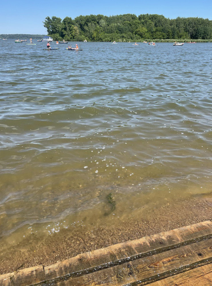 Вода в озере прозрачная, вход пологий