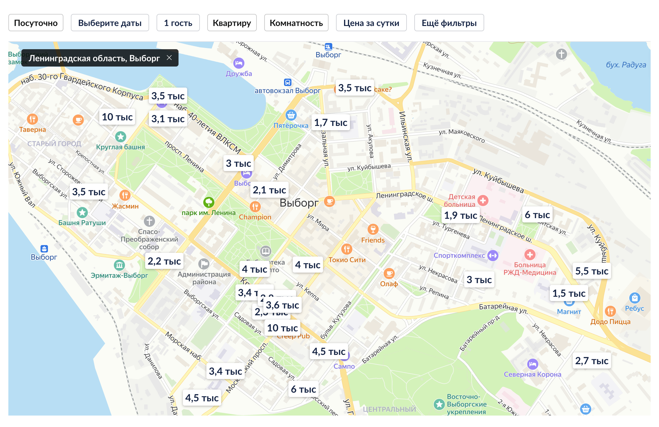 Конкуренция на посуточном рынке в Выборге приличная. Средняя цена — 3000 ₽ в сутки. Источник: cian.ru