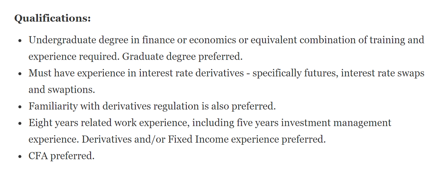 Сравните с реальной вакансией Vanguard на позицию Senior Derivatives Trader — старшего трейдера производными инструментами. Среди минимальных требований — финансовое или экономическое образование и восемь лет работы по специальности, из которых пять — на менеджерской позиции. Сама вакансия на английском языке