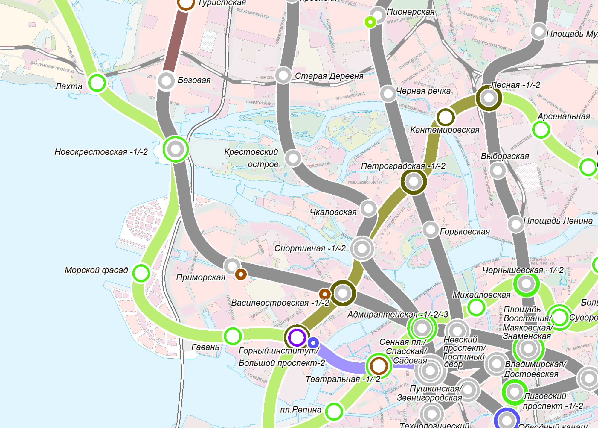 Это схема развития метрополитена в Петербурге. На Ваське хотят построить три станции: «Горный институт», «Гавань» и «Морской фасад». Источник: Петербургский метрополитен