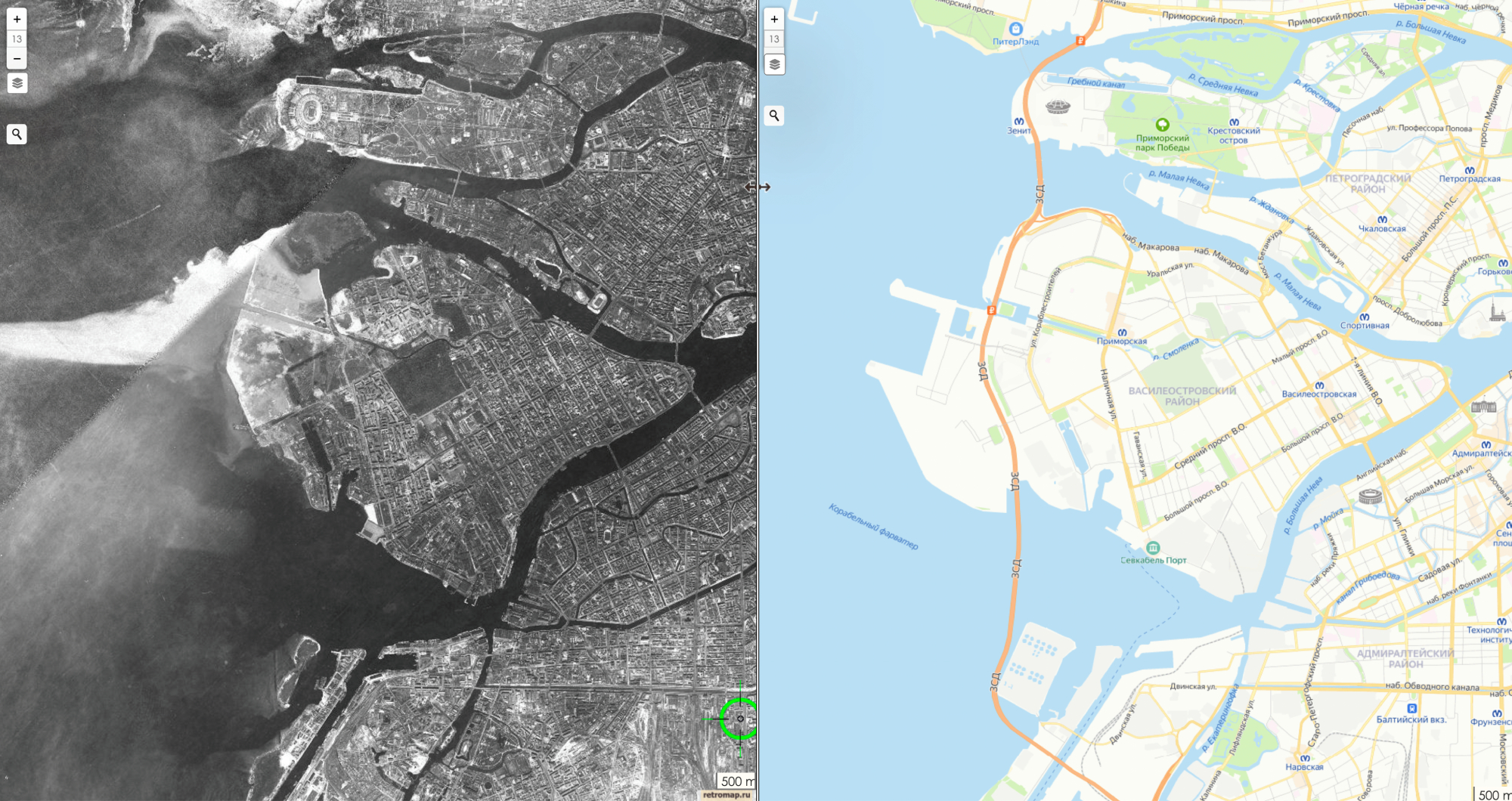 Слева снимок Ленинграда, который сделан с американского спутника в 1966 году. Еще нет ЗСД и намывных территорий западнее него, нет пассажирского порта «Морской фасад» и улицы Кораблестроителей, Наличного моста и обустроенной Новосмоленской набережной, а Василеостровский и Петроградский районы еще не соединены мостом Бетанкура. Источник: «Ретромап»