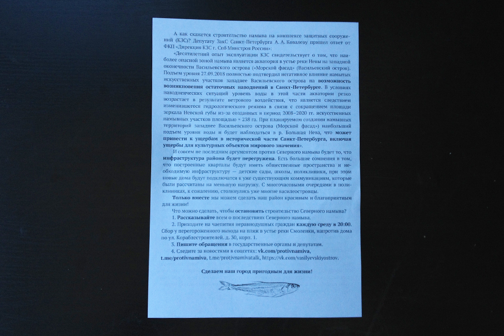 Продолжение листовки на обратной стороне. Я сама клеила в лифтах и в холлах своего дома подобные призывы от активистов, но их всегда срывали. То ли это жильцы, то ли управляющая компания. Мой дом находится довольно далеко от намыва, и людям, наверное, все равно. Это очень грустно. Поэтому я бы хотела, чтобы о надвигающейся катастрофе узнало как можно больше людей