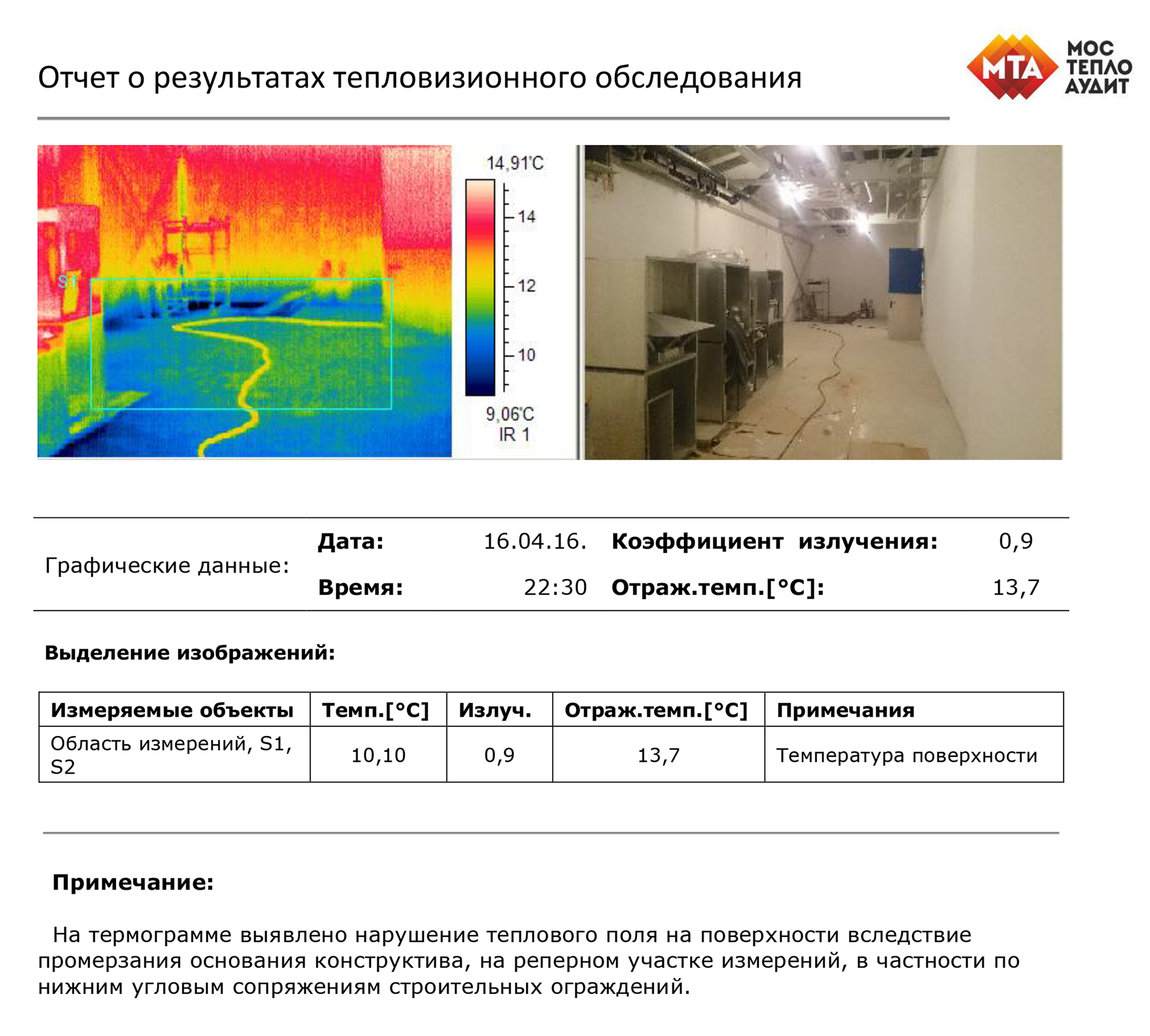 Результаты измерения заносят в акт или отчет. Вот так выглядит страница из отчета обследования тепловизором. Также в акте фиксируют, не меняли ли систему отопления, не разбирали ли стены и другие изменения. Источник: «Мостеплоаудит»