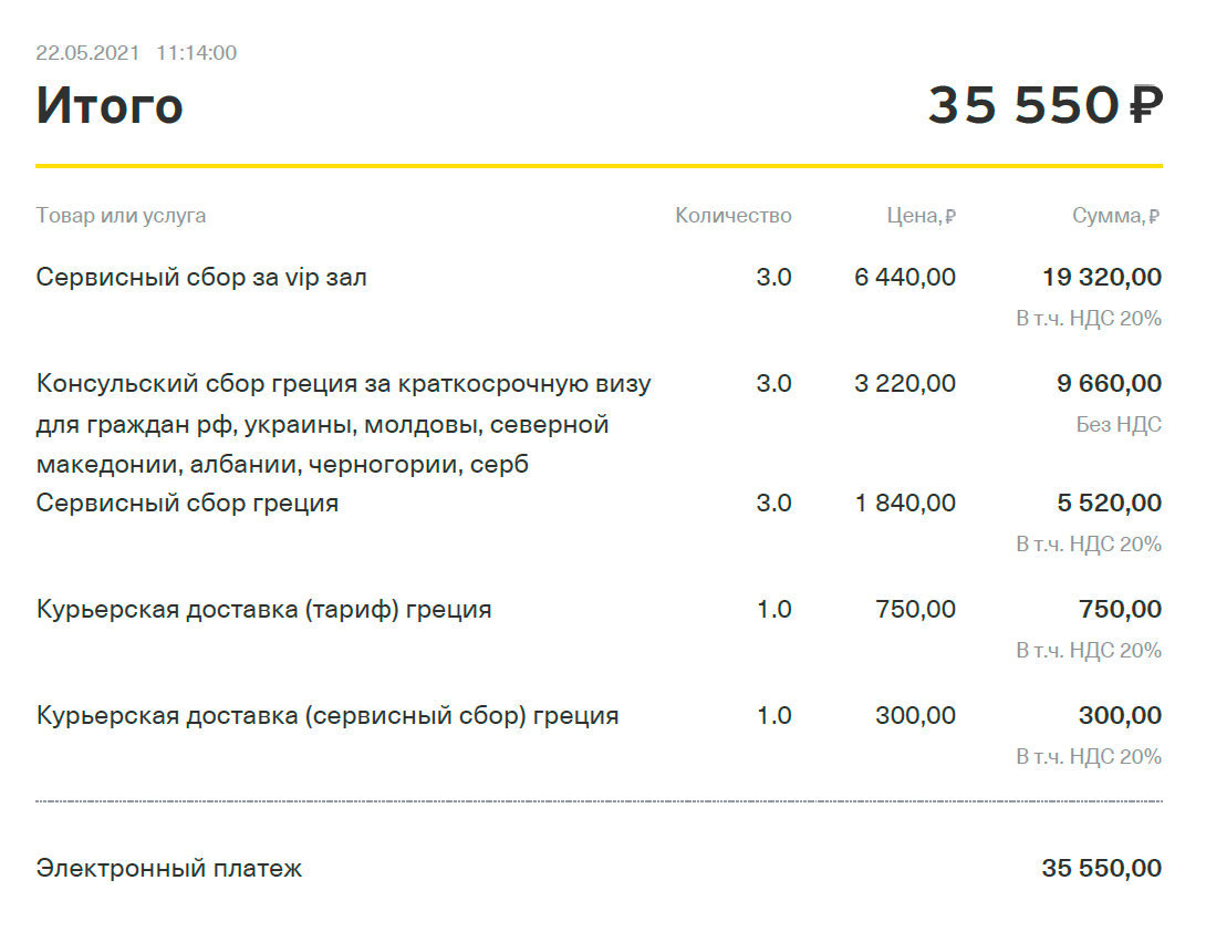 В итоге три взрослых паспорта и один детский вышли в 35 550 ₽, оплатила картой сразу в визовом центре. То, что суммы визового и сервисного сборов немного отличаются от указанных на сайте, я заметила только во время работы над ответом