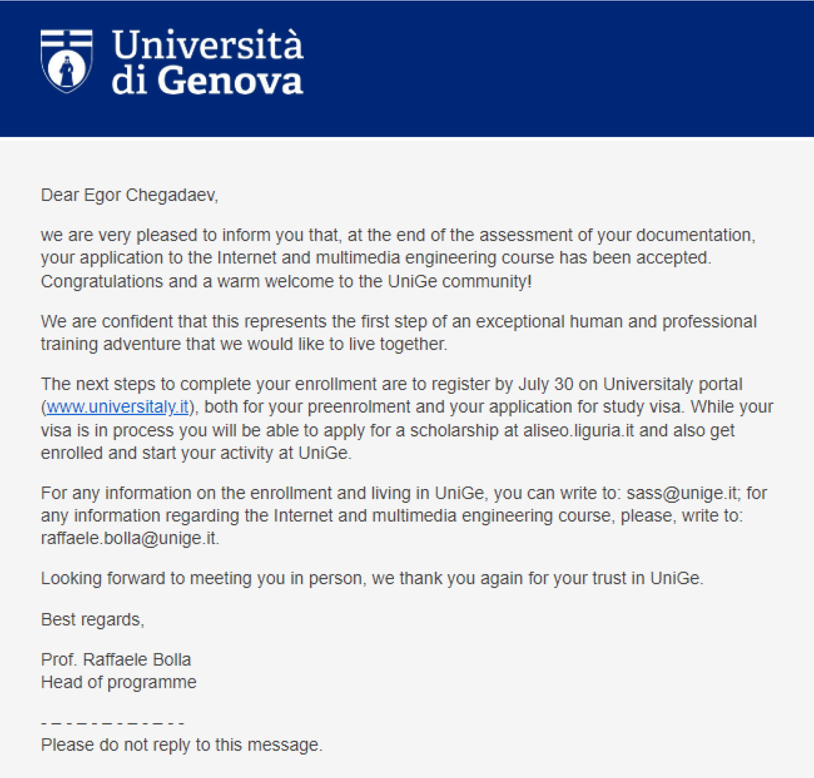 Приглашение на зачисление от Университета Генуи