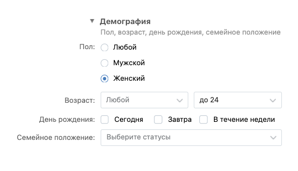 Так я настроил блок «Демография». Я указал женский пол и возраст до 24 лет