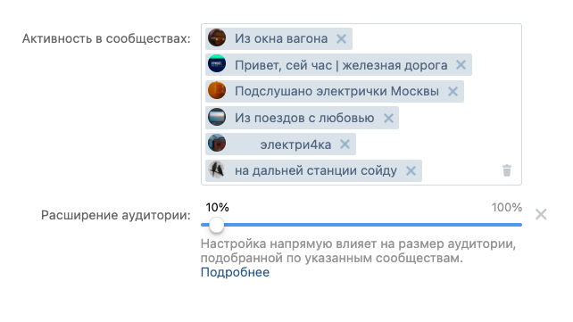 Я пробовал расширять аудиторию, но она не принесла никаких выдающихся результатов. Гораздо лучше работала настройка «Активность в сообществах»