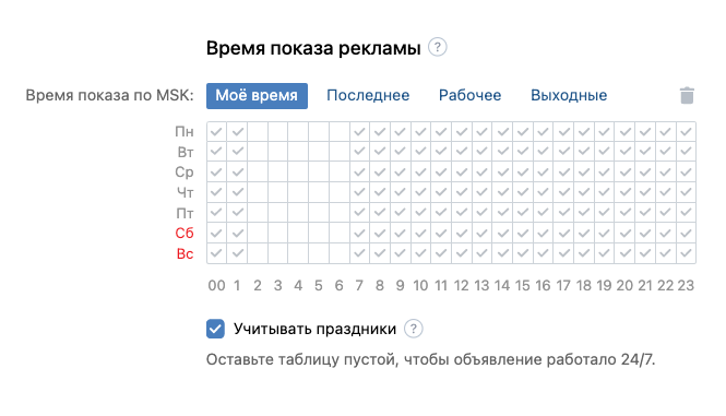 Так настроил расписание я. Позднее я выяснил, что чаще всего люди вступали в сообщество после шести вечера, — возможно, не было смысла показывать рекламу днем