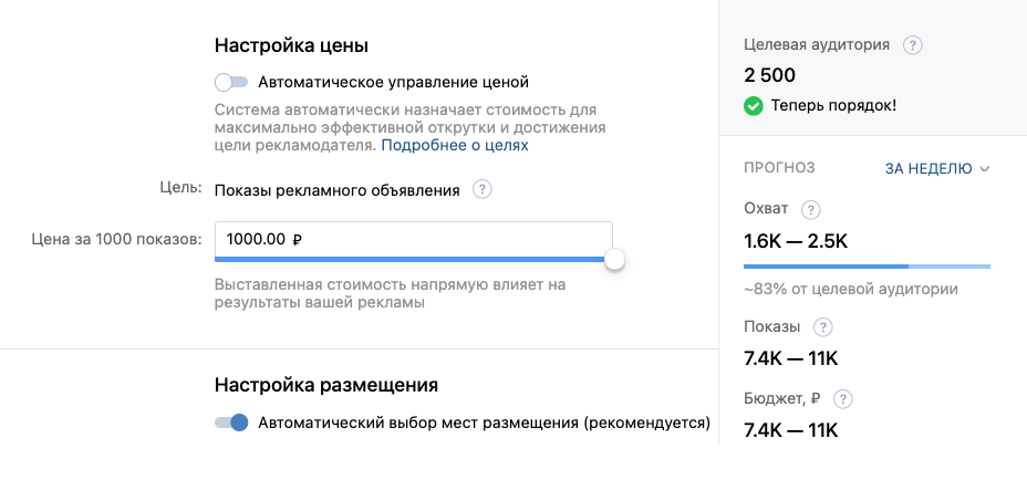 С максимальной ценой охват увеличивается — объявление увидят 83—100% целевой аудитории. Но и бюджет растет до нескольких тысяч рублей