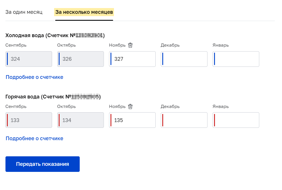 Передать показания можно как за месяц, так и за несколько прошедших месяцев