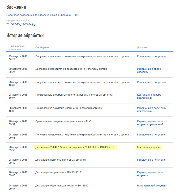 Так выглядит история обработки декларации. Тут нужно проверить наличие квитанции о приеме