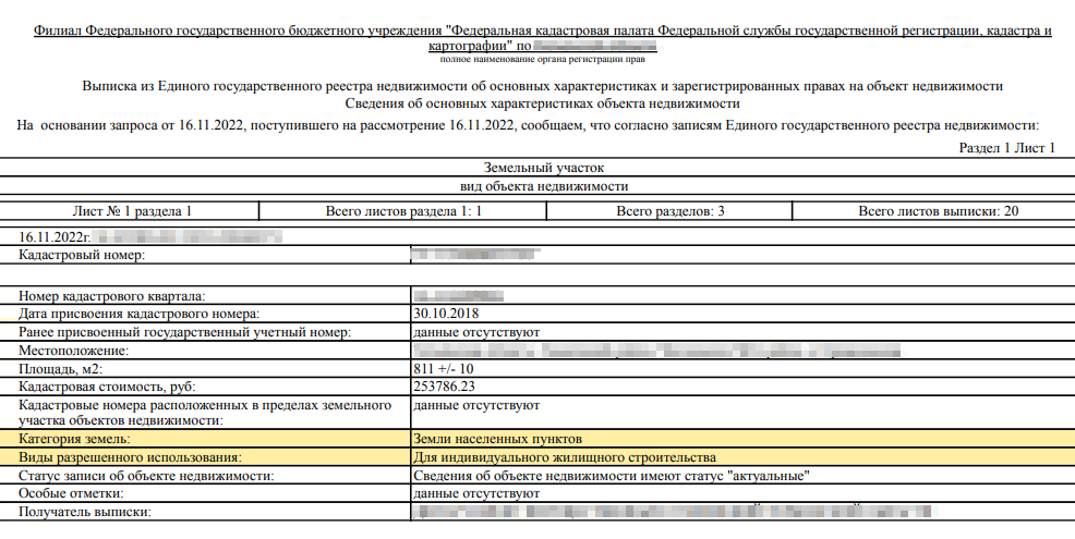 Категории земель и вид разрешенного использования участка указаны на первом листе выписки из ЕГРН